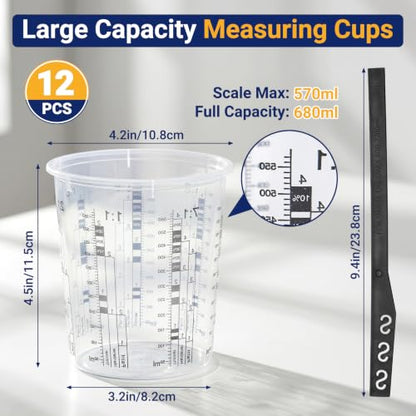 Gartful 12 Pack 19oz Clear Plastic Measuring Cups with 12 Stir Sticks, Disposable Graduated Mixing Cups with ml Scale & 3-Column Paint/Hardener/Thinner Mixing Ratios (1:1-7:1) for Epoxy Resin, Paint - size: 19oz / 570ml - 12 Set
