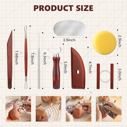 8PCS Stained Wooden Pottery Sculpting Tools, Wood Clay Cleaning Tool Set, Ceramic Modeling Tool for Carving, Molding, Cutting, Trimming, Pottery Wheel, Crafting, Beginners, Adults, Students - color: Stained Wood-8PCS
