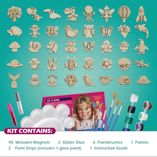 Byncceh Gamerside DIY Wooden Magnets Kids Crafts - 40 pcs Glow Magic Magnetic Paint Set, Wood Arts and Crafts for Kids, Make Your Own Fridge Magnets Party Favors Gifts Crafts for Girls 6-8 8-12
