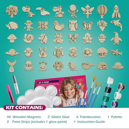 Byncceh Gamerside DIY Wooden Magnets Kids Crafts - 40 pcs Glow Magic Magnetic Paint Set, Wood Arts and Crafts for Kids, Make Your Own Fridge Magnets Party Favors Gifts Crafts for Girls 6-8 8-12