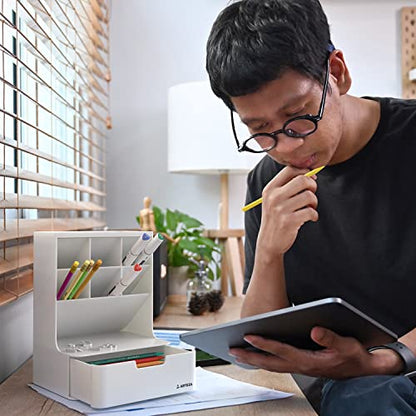 ARTEZA Desktop Pen and Marker Organizer, 6-Compartment White Pen Holder for Desk with Stationery Drawer, Makeup Organizer - style: 6-Compartment White