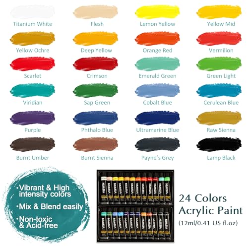 VISWIN 62 Pcs Acrylic Paint Set with Easel Box, Painting Kit with 24 Acrylic Paints, Canvases, Brushes, Palette, Paper Pad, Art Supplies, Art Set Gift for Adults, Beginners, Artists - size: 62 Pcs