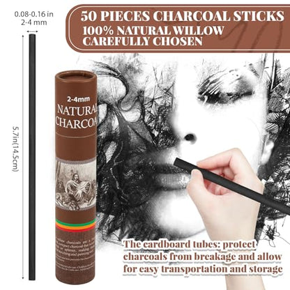 Gueevin 50 Pcs Willow Charcoal Sticks, Willow Charcoal, Artists, Beginners, Students, Perfect for Sketching, Drawing, Shading, and Fine Back to School Christmas Art Gifts (2-4mm) - size: 2-4mm