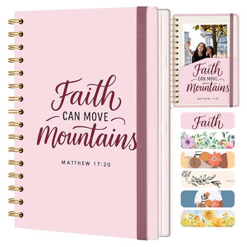 Hardcover Blank Christian Notebook – 140 Pages - Matthew 17:20 | Lined Pages with Bible Verse Cover – Inspirational Writing Spiral Notebook for Bible Study, "Faith Can Move Mountains", Pink - color: Faith_Pink
