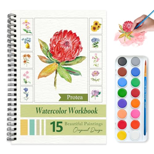 Watercolor Workbooks for Adults Beginners & Teens, 16 Colors 15 Beautiful Paintings, Pre-Outlined Designs, Easy Watercolor Art Book（Protea） - color: Protea, size: with palette