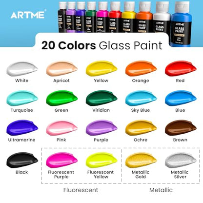 Artme 20 Colors Stained Glass Paint Set with 6 Brushes, Waterproof Permanent Acrylic Ceramic & Glass Painting Kit for Beginners and Artists Painting on Wine Glasses Ceramic Window(30ml/1oz)