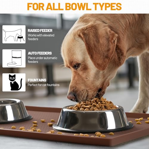 Hubulk Dog Feeding Mat,100% Waterproof Food Grade Silicone Pet Food and Water Bowl Placemat,Dishwasher, High Raised Edge to Prevent Spills,Nonslip Tray to Stop Messes on Floor（28"x18"x0.8", Brown） - color: Brown, size: 28"l X 18"w