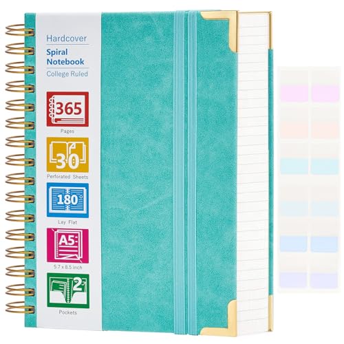 Spiral Notebook, 365 Page Hardcover Leather Notebook Journal, Large A5 Lined Journal for Women Men, College Ruled Notebooks for Work School, Journals for Writing, 24pcs Index Tabs, 5.5" x 8.5", Teal - color: Teal, size: 5.5" x 8.5"