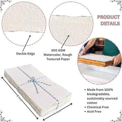 300 GSM Deckle Edge Cotton Paper - Soft, Textured Handmade Sheets for Invitations, Artwork, Stationery, and DIY Crafting (Pack of 25) (4 x 9 inch) - size: 4 x 9 inch
