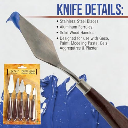 Palette Knife Set, 5 PCS Stainless Steel Painting Knives with Wood Handles for Acrylic Painting, Oil Painting, Canvas Texturing, Mixing, Blending, Impasto, Art Supplies for Artists, Beginners