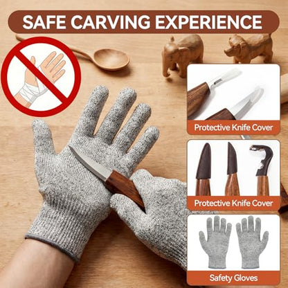 WAYCOM 12pcs Wood Whittling Kit Wood Carving Tools Set Hook Carving Knife,Detail Wood Knife,Whittling Knife Cut Resistant Gloves Leather Sheath And Bamboo Present Box For Spoon,Bowl,Cup