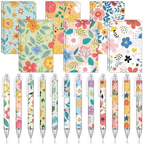 Motiskyy 24 Pcs Floral Pens Flower Ballpoint Pens Flower Notepads Set Design Line Notebook Employee Gifts Set for Student School Office Supplies, Back to School Gift(Cute) - style: Cute