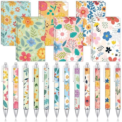 Motiskyy 24 Pcs Floral Pens Flower Ballpoint Pens Flower Notepads Set Design Line Notebook Employee Gifts Set for Student School Office Supplies, Back to School Gift(Cute) - style: Cute