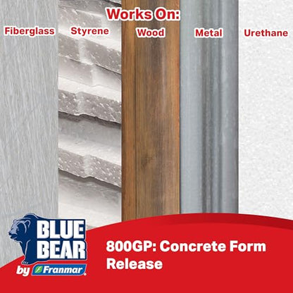 BLUE BEAR 800GP: Concrete Form Release - High-Yield - Non-Staining - Biodegradable Concrete Release Agent for Wood, Metal, Plastic, Styrene, Urethane & Fiberglass Forms