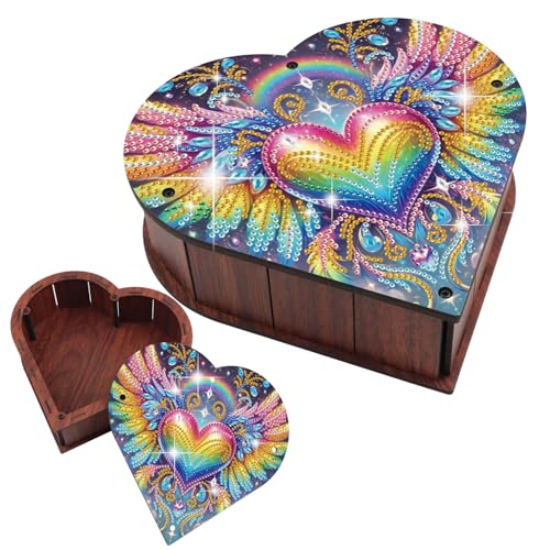 JZHYOAN DIY Love Art Painting Storage Box Kit 5D Heart-Shaped Diamond Painting Wooden Storage Box Large Capacity Organizer Case Desktop Decor Diamond Art Jewelry Boxes for Valentine's Day Gift - color: Yellow wings