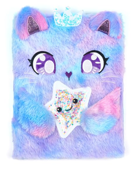 VOTUM Cat Princess Furry Sketchbook for Girls, 8x11 Plush Notebook with Crown & Star Charm, Soft Fluffy Journal & Diary for Drawing, Writing, Birthday, Christmas for Girls - color: Cat Princess
