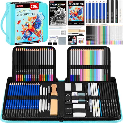106 Pack Art Supplies Sketching Kit with 3-Color Sketchbook, Coloring Book, Tutorial, Graphite Colored Charcoal Watercolor & Metallic Pencils, Drawing Supplies Gift Case for Artists Beginners Adults - color: Teal, size: 106 Pack