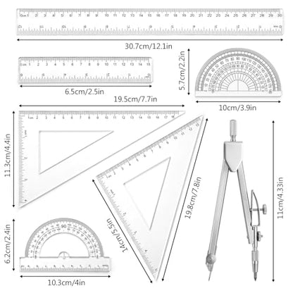 7 Pcs Geometry Ruler Protractor Compass Geometry Tool, Math Ruler Kit with 1 Metal Compass, Precision Drawing Tools for Drafting Architect Engineering