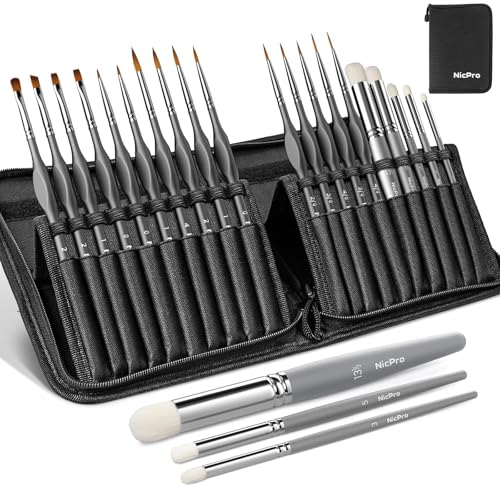 Nicpro Miniature Paint Brushes Dry Brush - 20PCS Model Paint Brush Set with Nylon Case for Acrylic, Oil, Watercolor, Detail Paint Brush Drybrush for Model, Miniature Painting, Paint by Numbers - size: 20 PCS