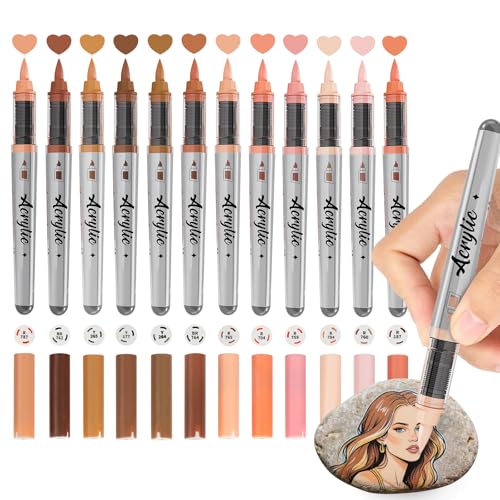 Woomer Acrylic Paint Marker : 12 Skin-tone Colors Auto Liquid Ink, Durable Brush Tips Acrylic Pens Markers for Rock Fabric DIY Crafts, Water-based & Waterproof after Dry - color: Skin Color