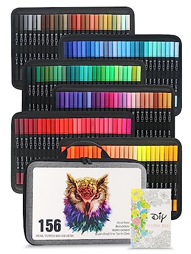 LIULIUCAI 156 Colors Dual Tip Markers Brush Pens, Fine & Brush Tip Art Marker for Adult Coloring Book No Bleeding, Colored Drawing Pen for Calligraphy Lettering Illustration Journal Doodling Gift - color: 156