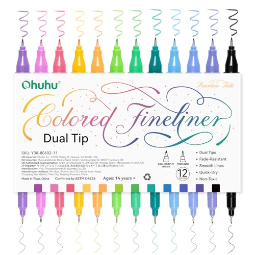 Ohuhu Brush & Fineliner Dual Tips Colored Drawing Pens, 12 Colors Waterproof & Alcohol-proof Brush Micro Pens for Adults Artists & Beginners Drawing Sketching Bullet Journal Outlining Office Class