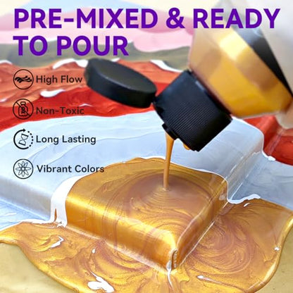 OPHIR Metallic Pouring Paint Set, Pre-Mixed Paint Pouring Supplies, Ready to Pour Metallic Acrylic Paint for Canvas, Paper, Rocks, Wood, Glass, Includes 10 Colors, Pouring Medium & Acrylic Glossy Gel - color: 6 Metallic & 2 Black & 2 White Colors Set+1 Po