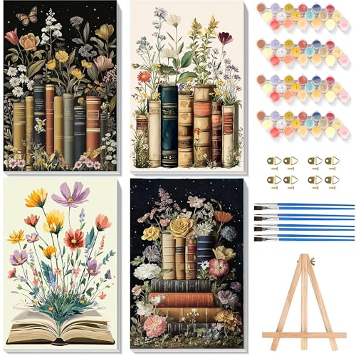 4 Pack Paint by Numbers for Adults with Framed Canvas - with Wooden Easel, Book Paint by Number for Beginners, Flowers Acrylic Oil Painting on Canvas with Brushes for Home Wall Decor (8x12 inch) - color: BKH1846+BKH1847+BKH1848+BKH1849