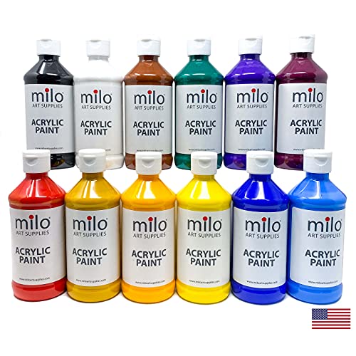 milo Acrylic Paint Set of 12 Colors | 8 oz Bottles | Student Primary Colors Acrylics Painting Pack | Made in the USA | Non-Toxic Arts & Crafts Paints for Artists & Hobby Painters - style: Primary Set 12 x 8 oz