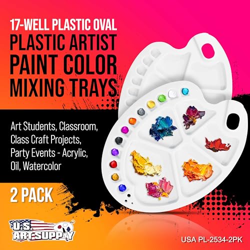 U.S. Art Supply 10" x 13.5" Clear Oval Acrylic Painting Palette with 17 Paint Wells (2 Pack) - Artists Transparent Plastic Mixing Paint Palette Tray - Non-Stick Surface for Acrylic and Oil Paint