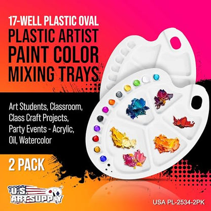 U.S. Art Supply 10" x 13.5" Clear Oval Acrylic Painting Palette with 17 Paint Wells (2 Pack) - Artists Transparent Plastic Mixing Paint Palette Tray - Non-Stick Surface for Acrylic and Oil Paint