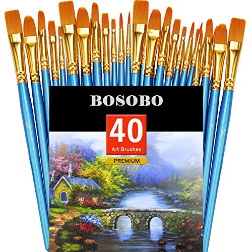 BOSOBO Pointed-Round Paint Brush, 4 Sets of 10 Pieces Fine Tip Nylon Hair Miniature Paint Brushes for Acrylic Oil Watercolor Gouache, Artist Face Nail Body, Paint by Numbers, Model Craft & Rock Art - color: Blue, size: 4 Pack