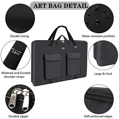 TreochtFUN Art Portfolio 23 X 31in - Portfolio Case A2 Heavy duty Portfolio Folder for Artwork With Shoulder Strap, Art Supply Bag For Large Painting Board Supplies (Black) - size: 23 x 31