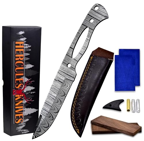 Custom Hand Forged Damascus Steel Blank Blade Knife Making Kit DIY Hunting Blade, Leather sheath, Pin, Scales,Damascus Blade Billet, Knife Making Supply (BK-E) - color: BK-E