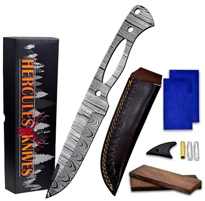 Custom Hand Forged Damascus Steel Blank Blade Knife Making Kit DIY Hunting Blade, Leather sheath, Pin, Scales,Damascus Blade Billet, Knife Making Supply (BK-E) - color: BK-E