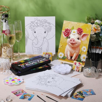 Cholemy 36 Pcs Paint and Sip Kit for Adults 8''x10'' Pre Drawn Canvas for Painting DIY Afro Acrylic Painting Kit Wood Easel Brushes Date Night Bulk for Summer 4th of July Party Gift(Flower Animals) - style: Flower Animals