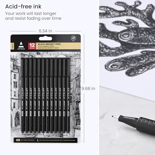ARTEZA Black Inkonic Fineliners Pens, Set of 12, 0.4 mm Fine Tip Markers, Water-Based Art Pens for Drawing, Sketching, Journaling, Calligraphy - size: 1 Count (Pack of 12)