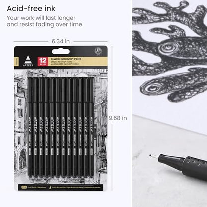 ARTEZA Black Inkonic Fineliners Pens, Set of 12, 0.4 mm Fine Tip Markers, Water-Based Art Pens for Drawing, Sketching, Journaling, Calligraphy - size: 1 Count (Pack of 12)
