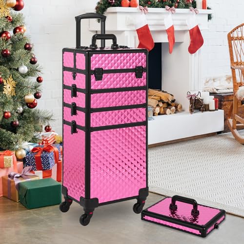 Somduy Rolling Makeup Case, Makeup Train Case with Lid, 5 in 1 Cosmetology Case on Wheels, Christmas Gift, Large Makeup Organizers, Profesional Cosmetic Case for Salon Barber, Rose Red - color: Rose Red