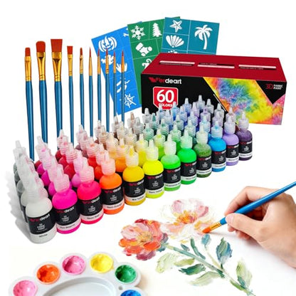 60 Color Fabric Paint Set – 3D Puffy Permanent Textile Paint for T-Shirts, Jeans & Crafts with 10 Brushes, Palette and 3 Stencils - size: 1 Fl Oz (Pack of 60)