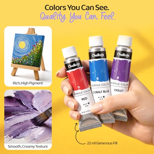 Chalkola Acrylic Paint Set for Adults & Kids - 56 Pcs Canvas Painting Kit with 32 Paints (22ml), 10 Brushes, 10 Canvases, Tabletop Easel, Palette, Knife - Professional Craft & Art Painting Supplies - size: 56 Pcs Acrylic Set