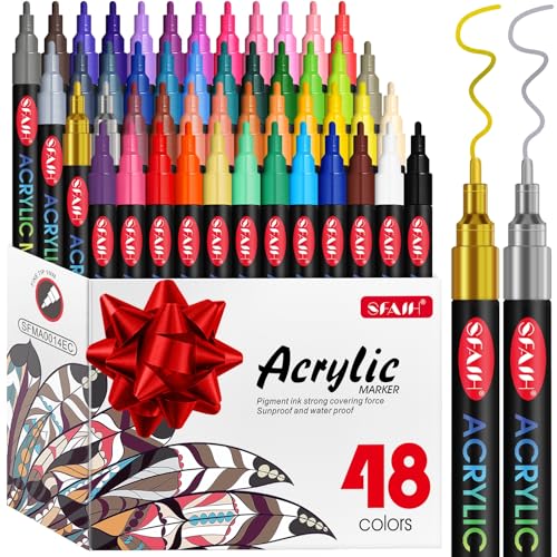 SFAIH 48 Vibrant Acrylic Paint Markers-[Ultra High Coverage]1-2mm Fine Paint Pen for Any Surface, Paper, Rock, Fabric, Wood, Non-Bleeding Water-Based Permanent Ink, Non-Toxic, Art Drawing & DIY Crafts - color: 48 Colors