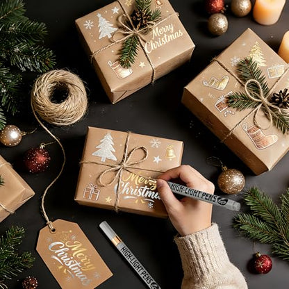 Highlight Pens 12 Pack, White Ink Pens Set with Metallic Silver Gold Bronze, Fine & Brush Tip Paint Pens for Black Paper, Card Making, Rock Painting, Glass, DIY Crafts
