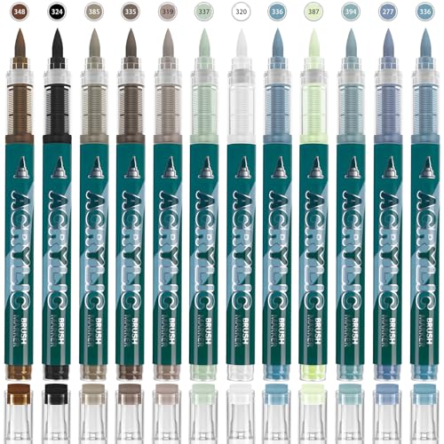 12 Colors Acrylic Paint Pens - Grey Paint Pens Markers, Brush Tip & Direct Ink Flow Suitable for Stone,Paper,Wood,Glass,Fabric Paint,DIY Crafts (Grey) - color: Grey