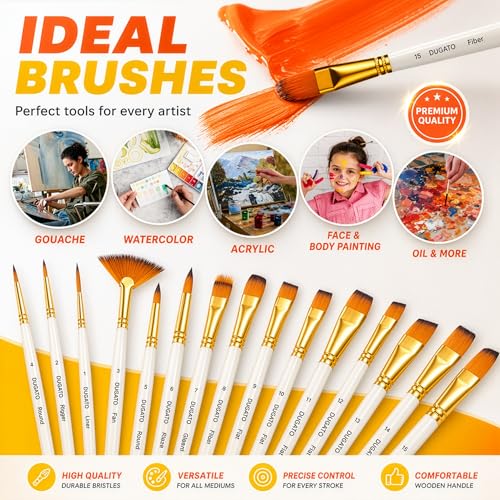 DUGATO Paint Brush Set 15 pc with Pop-Up Case, Palette Knife & Sponges | Short Handle Brushes for Oil, Acrylic, Gouache, Watercolor, Model & Craft, Includes Mixing Knife & Sponge - color: Premium Bristle - 15pcs