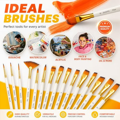 DUGATO Paint Brush Set 15 pc with Pop-Up Case, Palette Knife & Sponges | Short Handle Brushes for Oil, Acrylic, Gouache, Watercolor, Model & Craft, Includes Mixing Knife & Sponge - color: Premium Bristle - 15pcs
