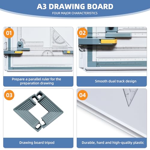 A3 Drawing Board Drafting Table Multifunctional Drawing Board Table with Clear Rule Parallel Motion and Angle Adjustable Measuring System, Inch - size: Inch