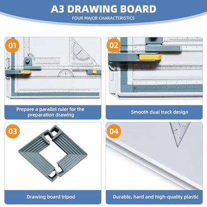 A3 Drawing Board Drafting Table Multifunctional Drawing Board Table with Clear Rule Parallel Motion and Angle Adjustable Measuring System, Inch - size: Inch