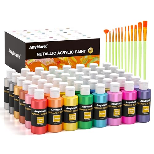 AnyMark Metallic Acrylic Paint, 48 Colors with 12 Brushes, 2 fl oz/60ml Bottles, Glitter Acrylic Paint Set for Adults Canvas, Rock, Wood - color: Metallic, size: 2 Fl Oz (Pack of 48)