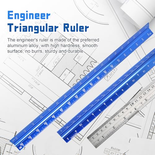 Biaungdo 3 Pack Architectural and Engineer Scale Ruler Set, 12 Inch Aluminum Triangular Drafting Tool, Laser-Etched Architect Scales Ruler for Draftsman, Standard Metal Ruler Included, Blue